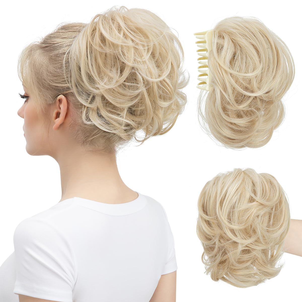 youngways Claw Clip Short Ponytail Messy Bun Hair Piece Bendable Hair Branch Extensions Fluffy Wavy Curly Synthetic Versatile Light Champagne Hairpieces