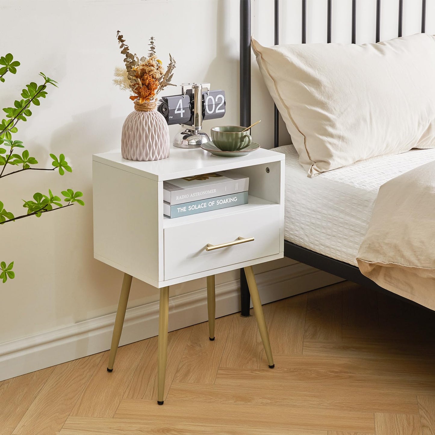 IBUYKE Nightstand, Mid Century Modern Night Stand, Bedside Table with Drawers and Open Storage Shelf, End Side Table with Metal Legs, for Bedroom, Small Spaces, White UWNS004W