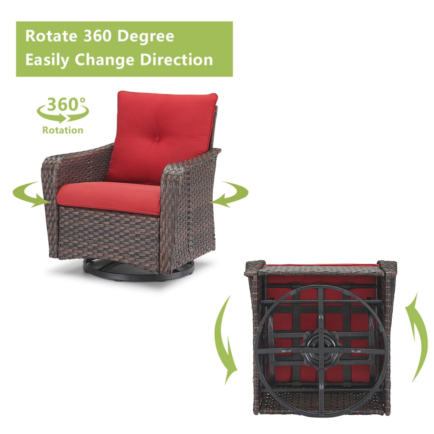 Rilyson Outdoor Patio Swivel Rocker Chairs - 2 PC Wicker Rattan Patio Rocker Glider Chair Set with High Back,Comfy Cushions and Deep Seating for Porch Deck Backyard Garden(Brown/Red)