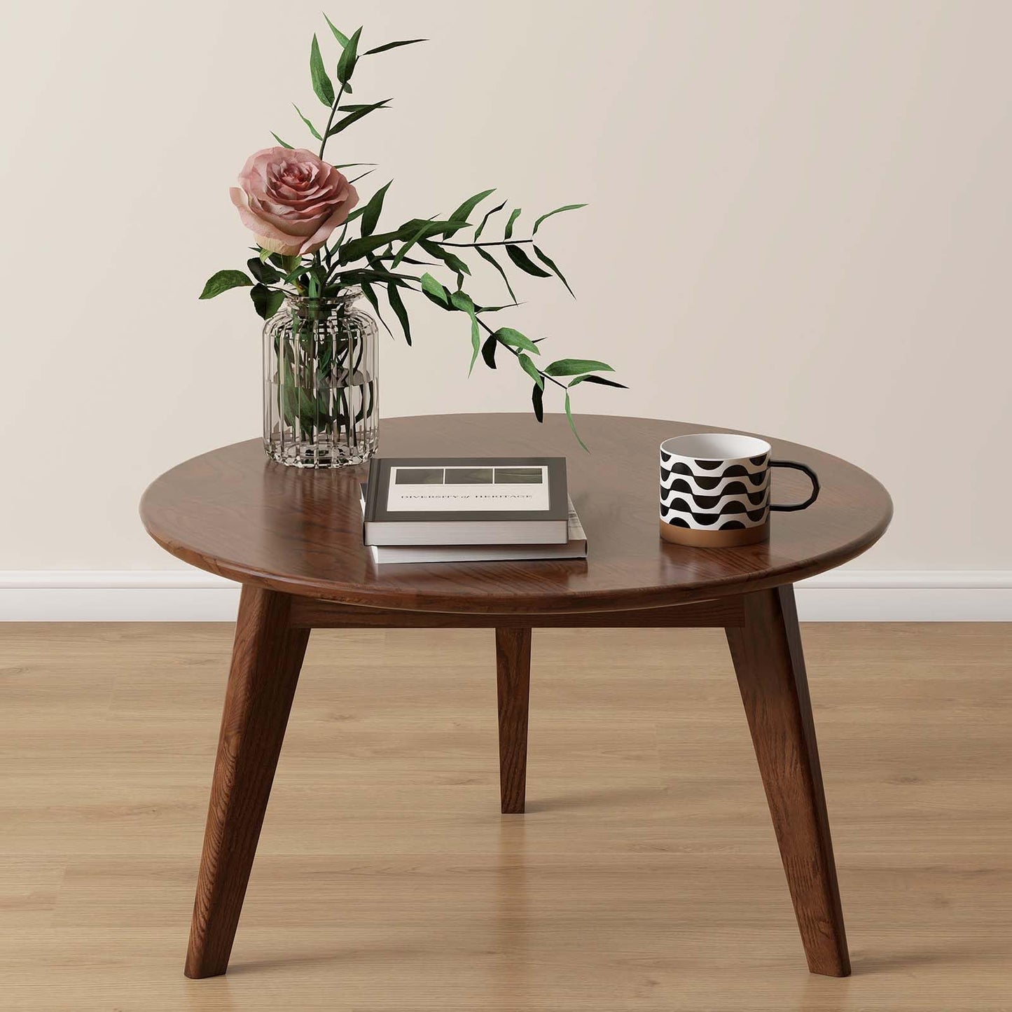 Vadisun 100% Solid Oak Wood Mini Coffee Table, Round Living Room Table Side Table w/Solid Wood Legs, Walnut Mid Century Sturdy Tables for Bedroom Balcony Living Room (23.62" D x 13.78" H)