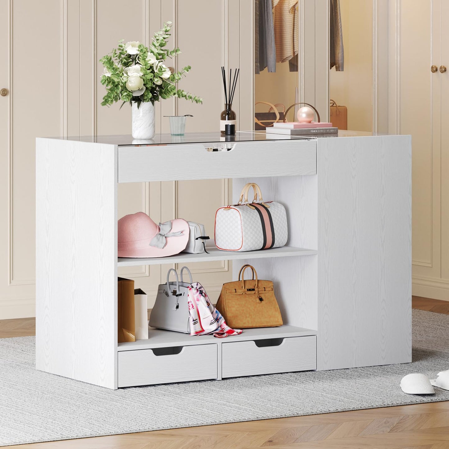 ANCTOR Closet Island, Bedroom Wardrobe Armoire with 8 Drawers and 2 Shelves, Dresser with Glass Top Display, Walk-in Closet Island Jewelry Dresser for Bedroom, Cloakroom, White