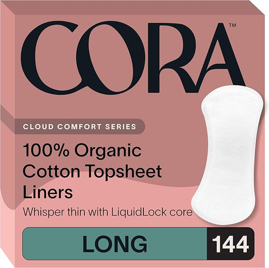Cora Period Long Liners | 100% Organic Cotton Topsheet | Ultra Thin, Quick Absorbency | Hypoallergenic | Dermatologically Tested | Unscented, No Wings (144 Long Liners)