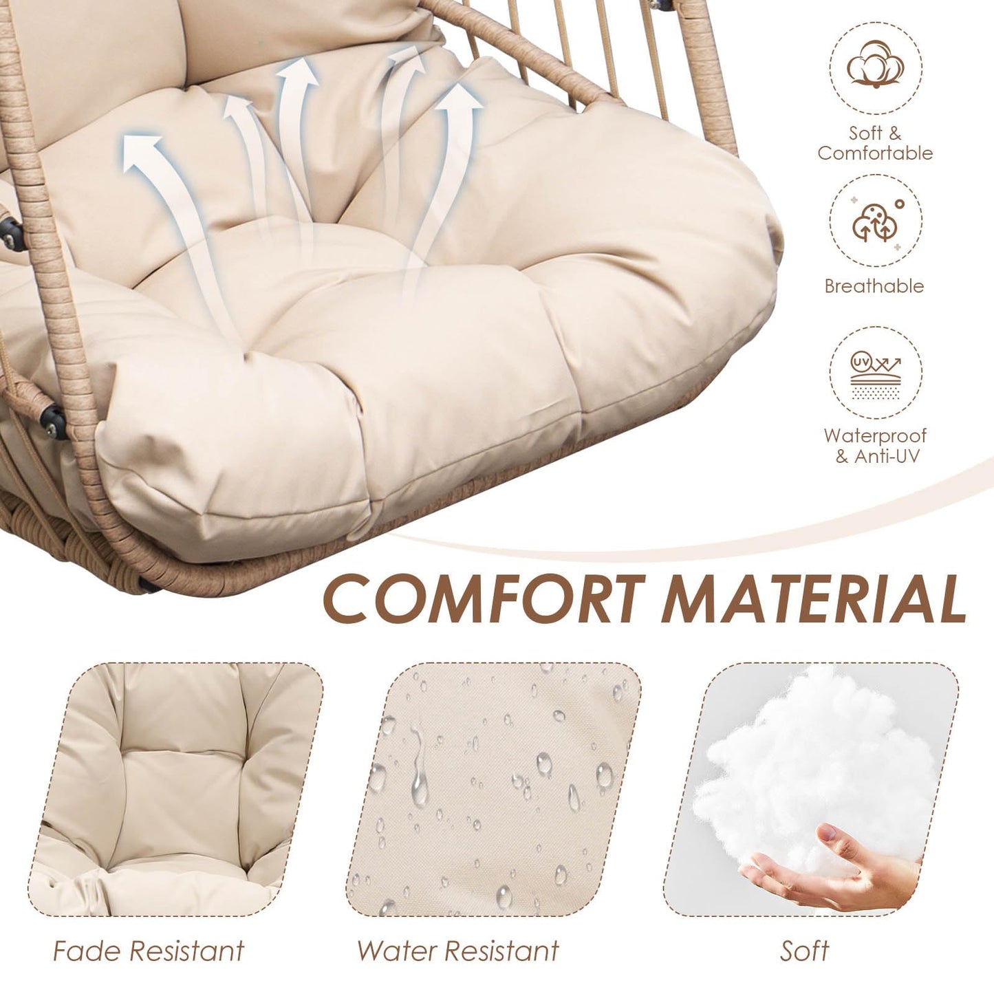 NICESOUL Hanging Egg Chair with Stand Indoor Outdoor, Comfy Patio Rattan Swing Hammock Chairs with Cushion, 350lbs Capacity Egg Shaped Chair for Lawn Backyard Balcony Bedroom, Birthday Gift, Beige