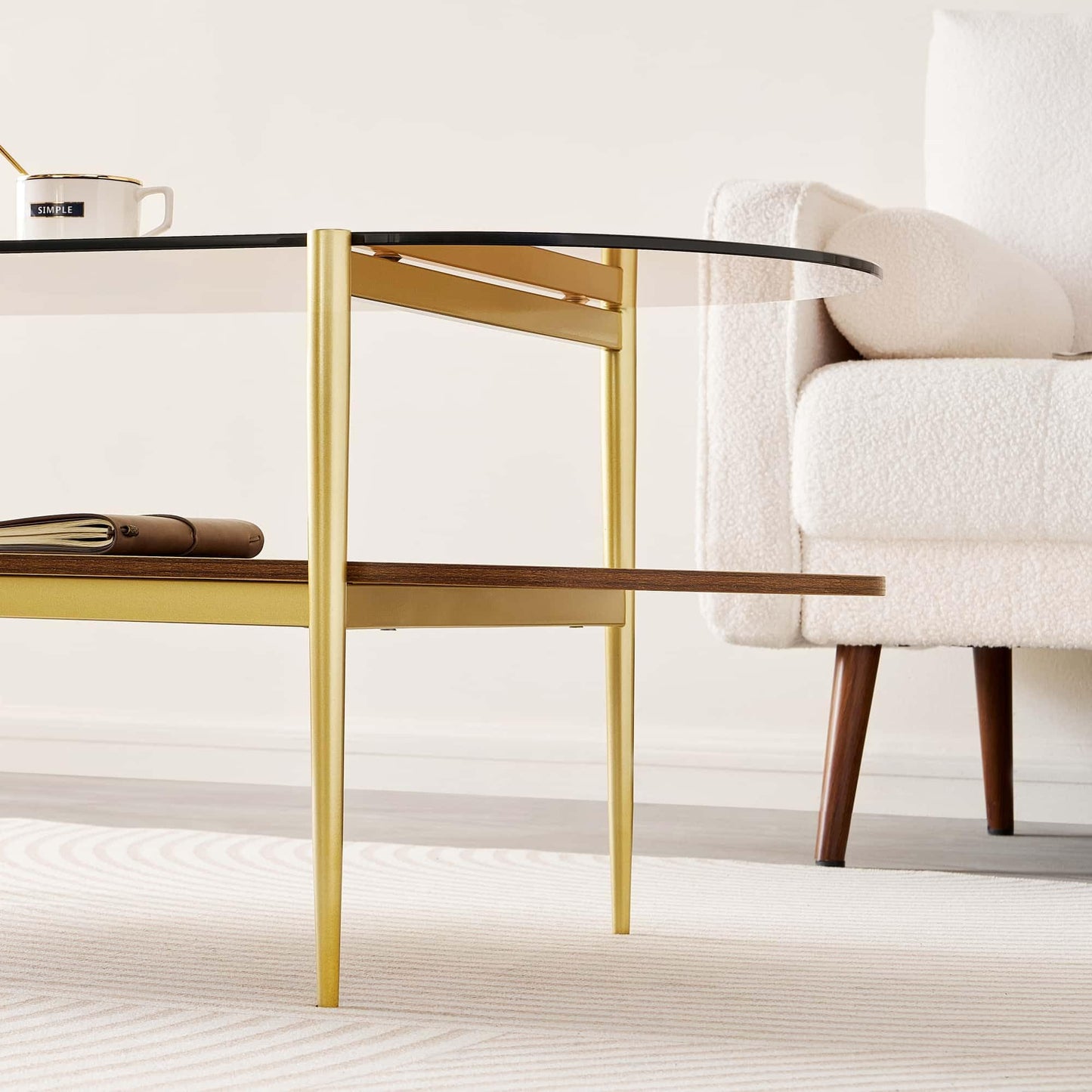 LumFurn Oval Glass Coffee Table, Mid-Century Modern Design, L41 x W21 x H17 inch, for Living Room, 2-Tier Structure, Amber Glass Top and Walnut Finish Wood Shelf, Conical Legs with Gold Finish Frame