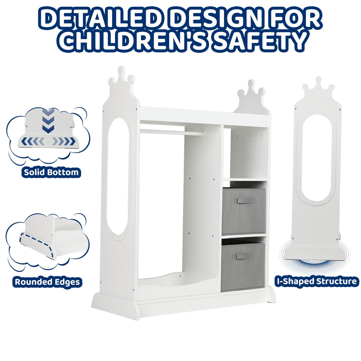 KIDINIX Kids Wardrobe with Mirror, Open Dress Up Storage Kids Armoire Wardrobe with 3 Tier Storage Shelf,2 Fabric Storage,Shoe Rack, Kids Dress Up Rack for Coats, Dance Costume, Hats, Shoes,White