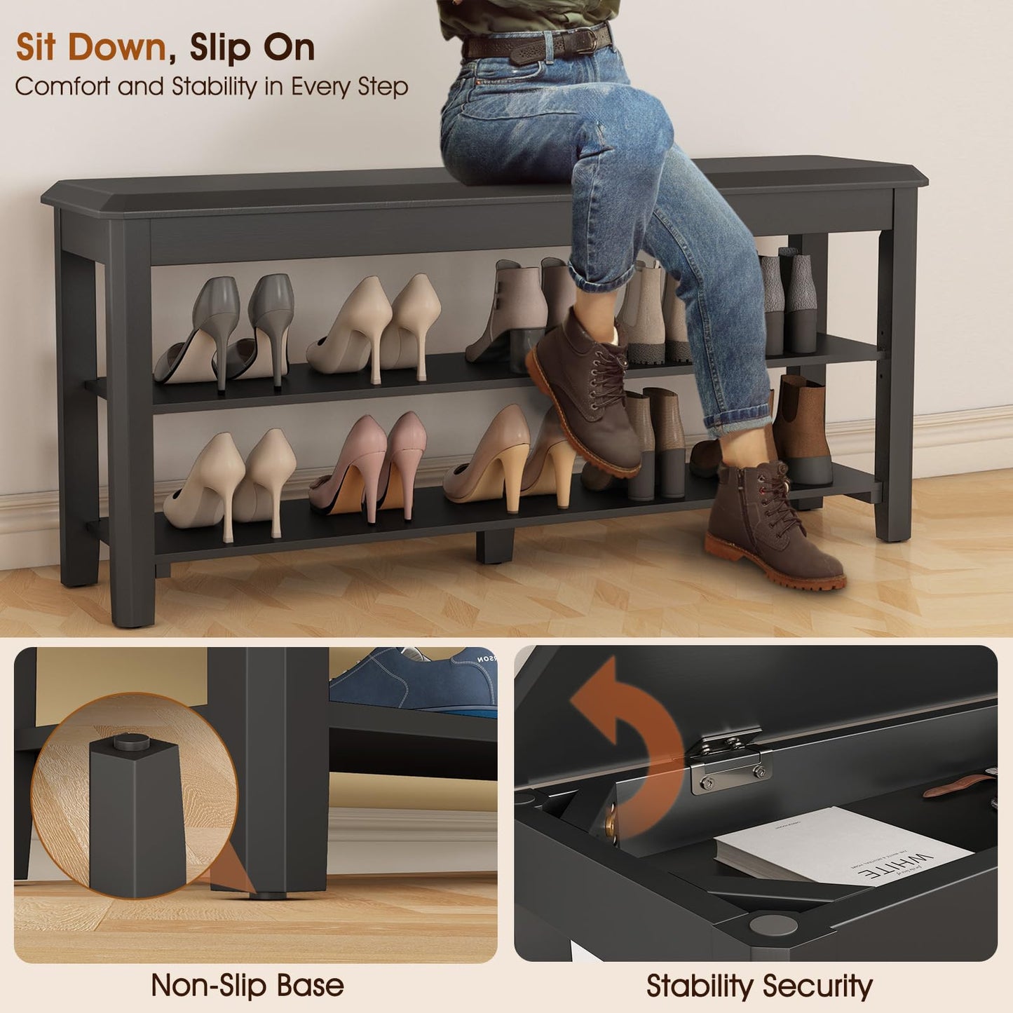IUNVR Shoe Rack Bench Seat Rubberwood 2-Tier Wooden Storage Bench 550lbs Compact Mid-Century Modern Design for Entryway, Hallway, Closet, Front Door Entrance, Foyer