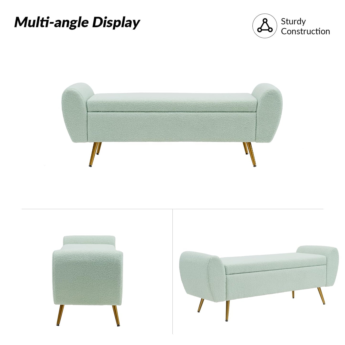 AIITTCC Teddy Storage Bench for Bedroom, Extra Long Boucle Bench for King Size Bed, Modern Upholstered End of Bed Ottoman Bench with Arms for Entryway Living Room (SAGE)