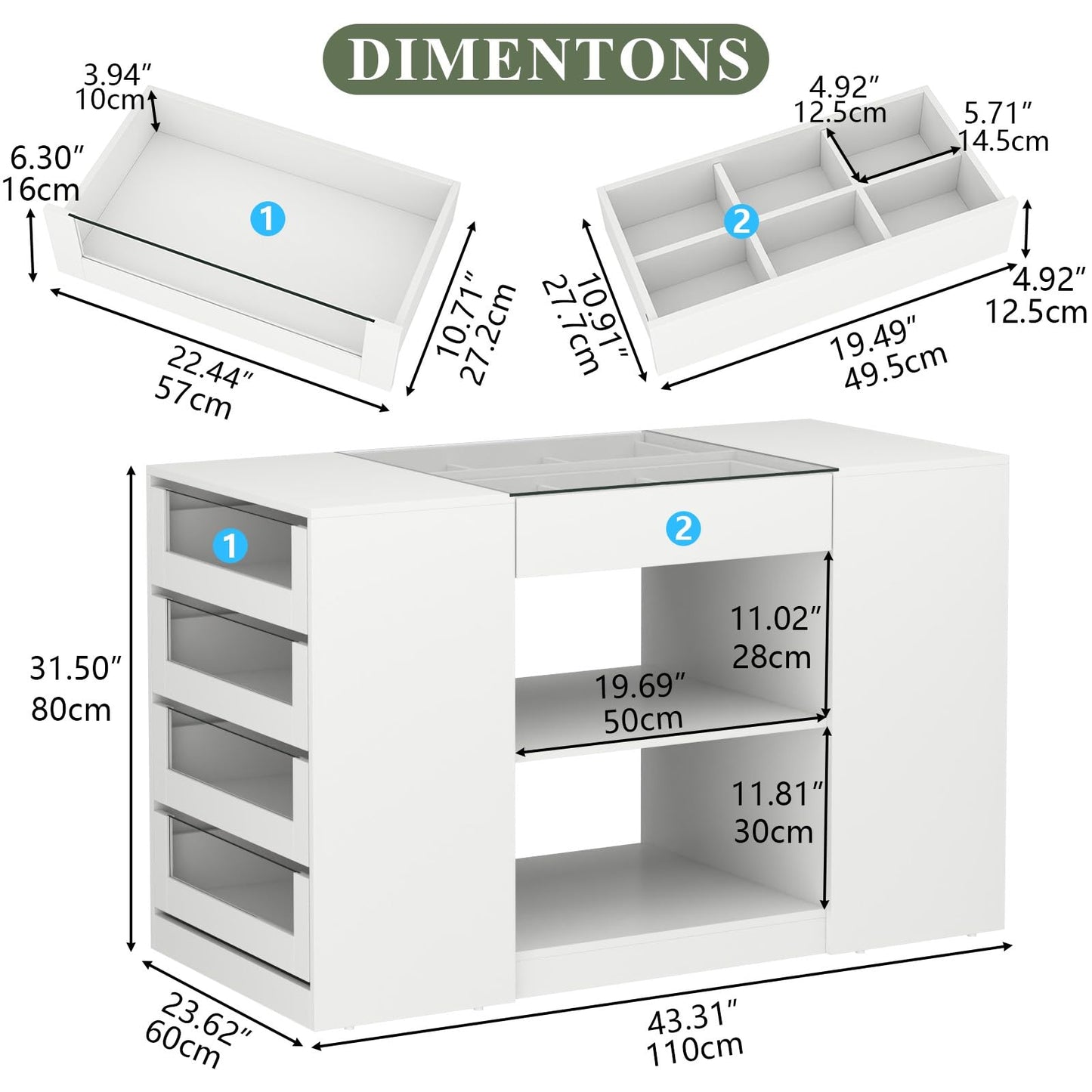 Gyfimoie Closet Island with Drawers, Armoire Wardrobe Closet with LED Lights White Dresser Walk-in Closets with Glass Top for Bedroom & Cloakroom