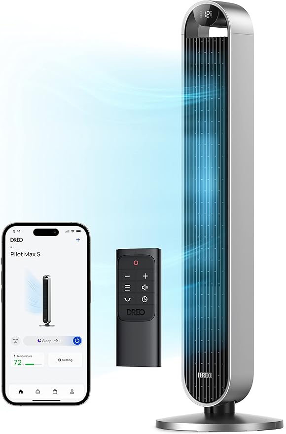 Dreo Tower Fan for Bedroom, 42 Inch 120° Oscillating Fan, 25dB Quiet DC Motor, 28ft/s Velocity Bladeless Standing Fan with 12 Speeds, 4 Modes, 12H Timer Cooling Fans for Home, Living Room, Pilot Max S