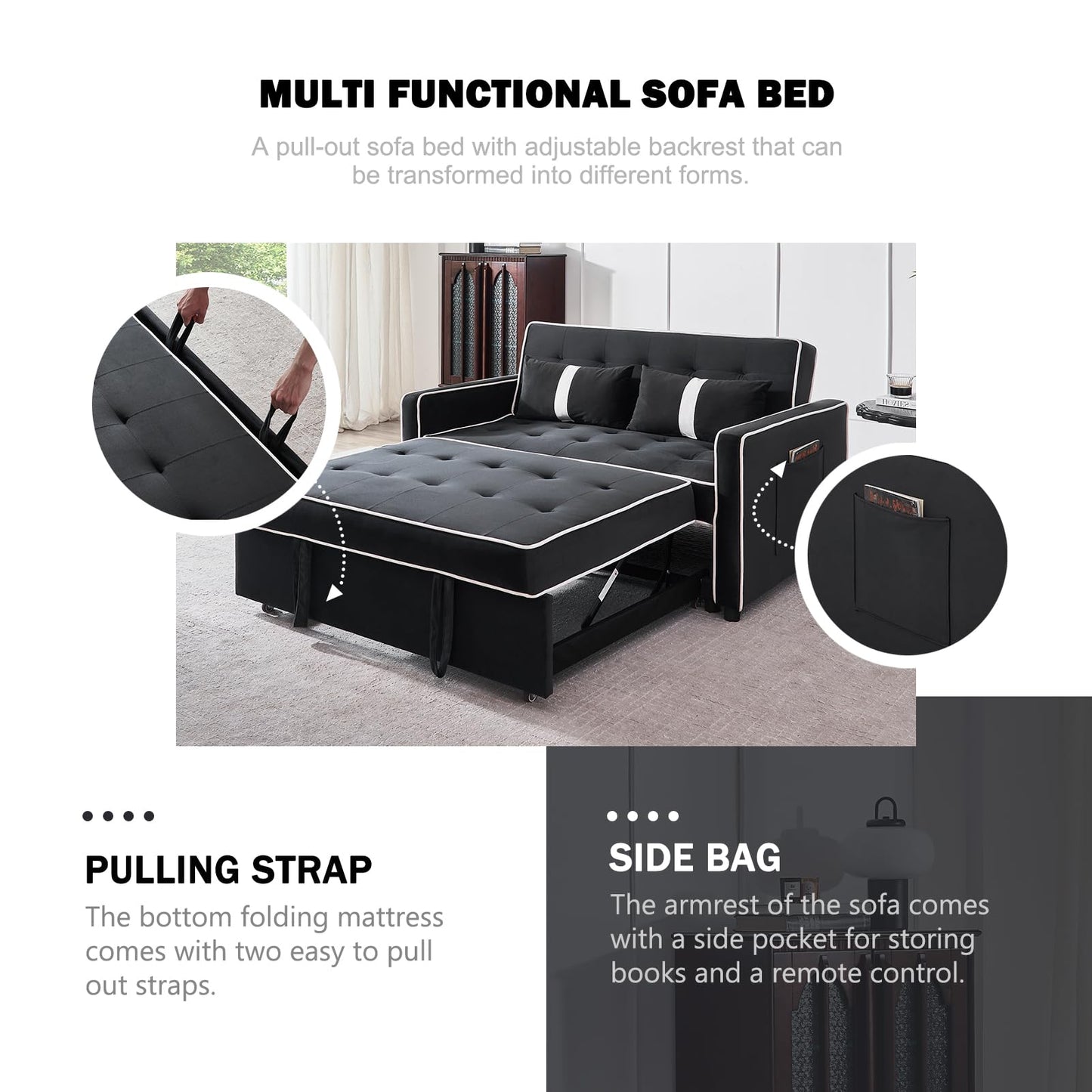 ECHINGLE 3 in 1 Sofa Bed Couch, Pull Out Sofa Bed with Adjustable Backrest, Sleeper Sofa for Living Room, Home or Office - Includes 2 Pockets and 2 Pillows,54.5"（Black）
