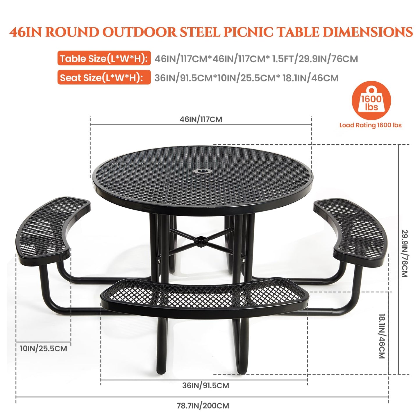 Jinrrenyi 46IN Circle Metal Picnic Table Set with Umbrella Hole and Benches for Outdoor, Expanded Heavy Duty Metal Commercial Grade Patio Dining Furniture for Yard Patio Lawn Party Coffee, Black