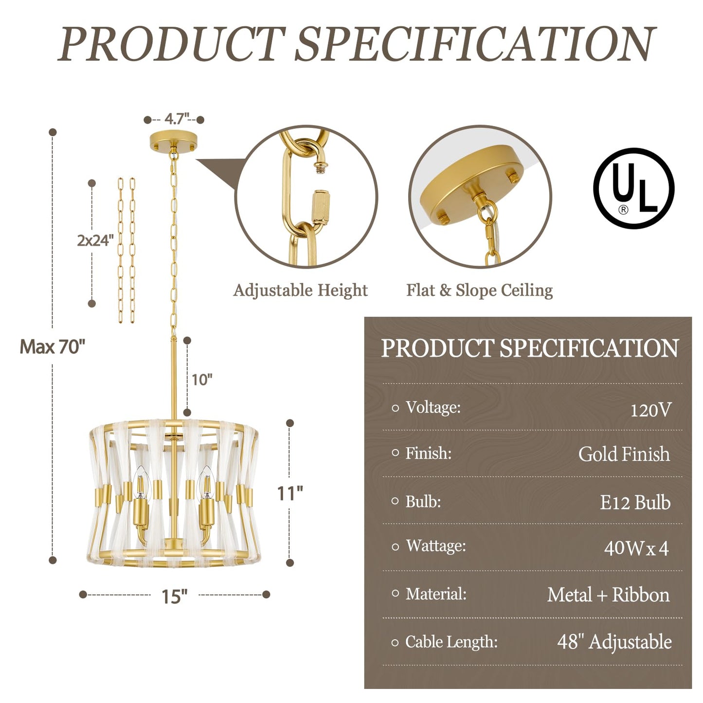 Karjearl Gold Chandeliers for Dining Room, 15" 4-Light Modern Drum Dining Room Light Fixtures Over Table, Farmhouse Gold Pendant Light for Dining Room Kitchen Island Living Room Entryway Foyer