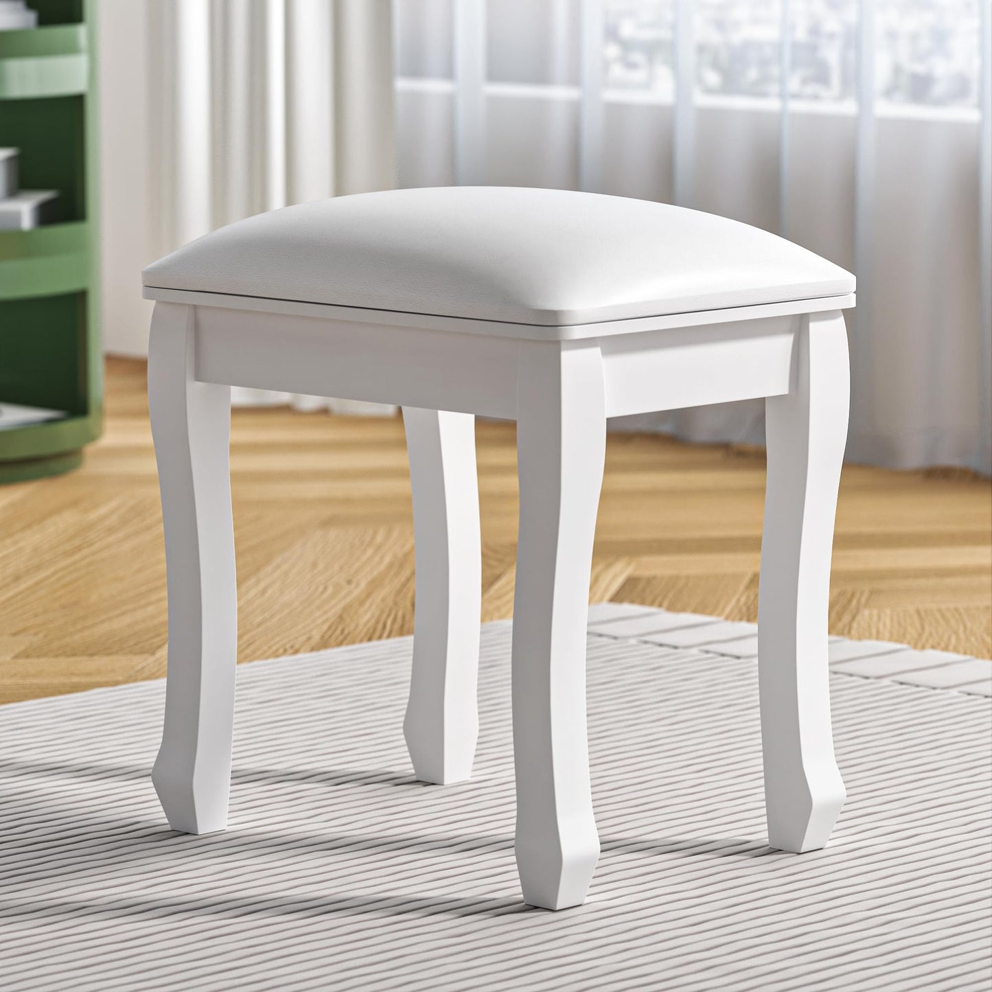 Organizedlife Square Vanity Stool Chair, High Elastic Cotton Makeup Bench, Modern Padded Piano Stool Seat for Makeup Room, Bathroom, Living Room, Ottoman, White (Curved Leg, White)