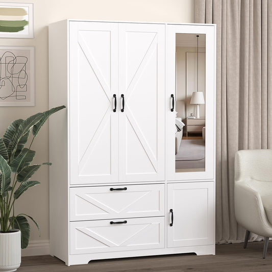 CORAZAZA Armoire Wardrobe Closet with Mirror Door,3 Doors Farmhouse Bedroom Armoire with Drawers and Adjustable Shelves,Wooden Armoire Wardrobe Closet with Hanging Rod for Bedroom(White)