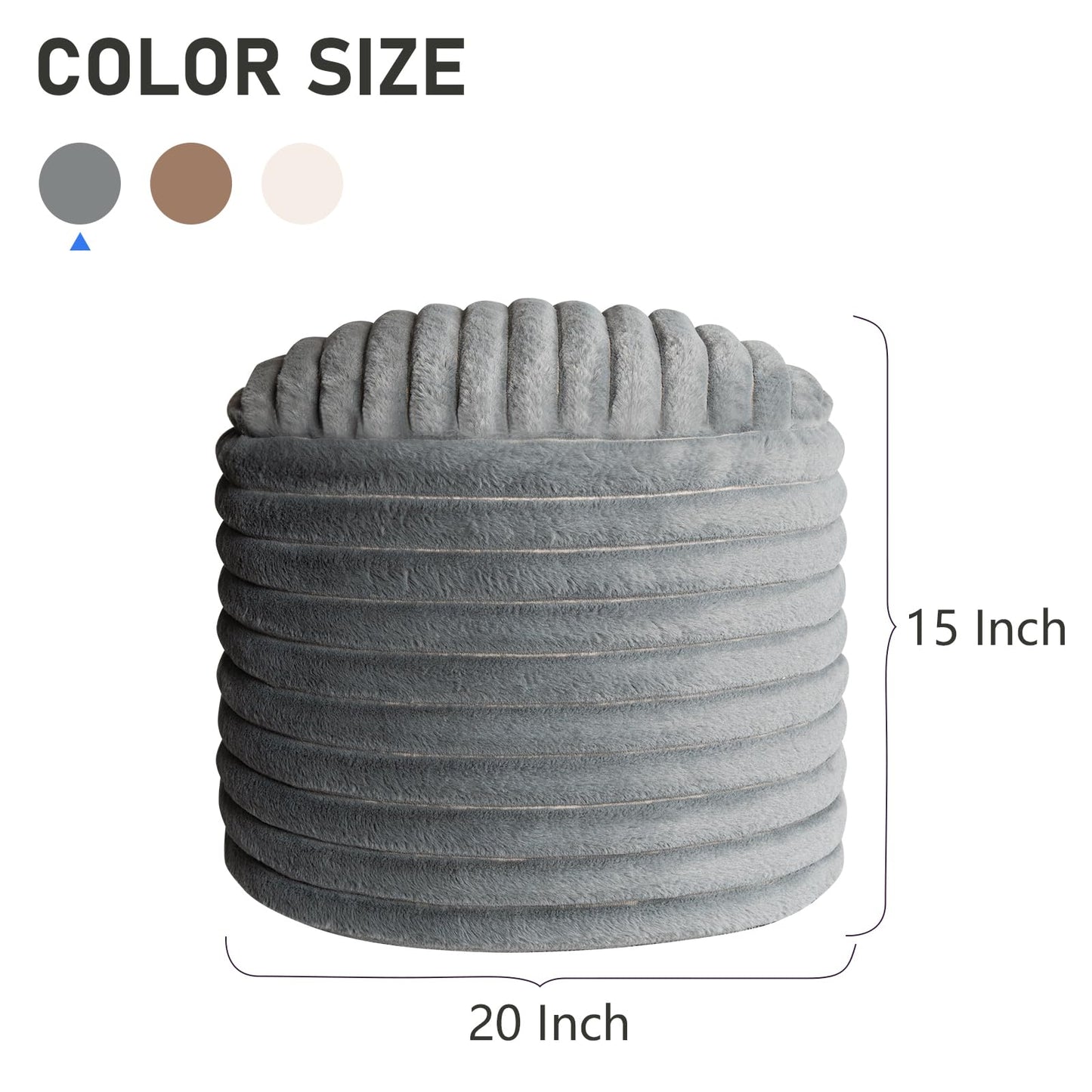 Pouf Ottoman Stuffed Round for Foot Rest, Faux Fur Poufs with Foam Chunk Filling, Storage Ottoman Pouf Foot Stool Cushion, 20 X 15 Inch Floor Chair for Living Room Bedroom Home Decor, Light Gray