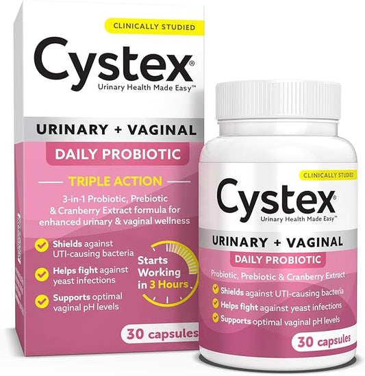 Cystex Urinary Tract Infection Probiotic: Rapid Relief & Proactive UTI Protection for Women, 3-in-1 Support with Prebiotics, Probiotics, and Cranberry, Defense Against Yeast Infections, 30ct