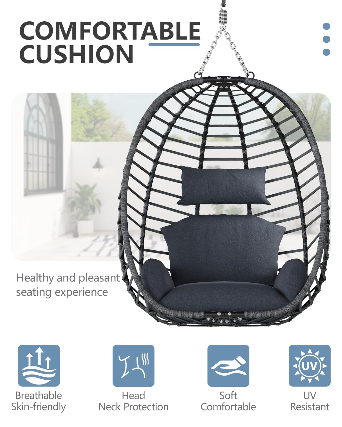 SWITTE Egg Swing Chair with Stand, Outdoor Patio Hanging Egg Chair, Indoor Hammock Chair with Cushion for Garden Backyard, 350LBS Capacity-Dark Grey