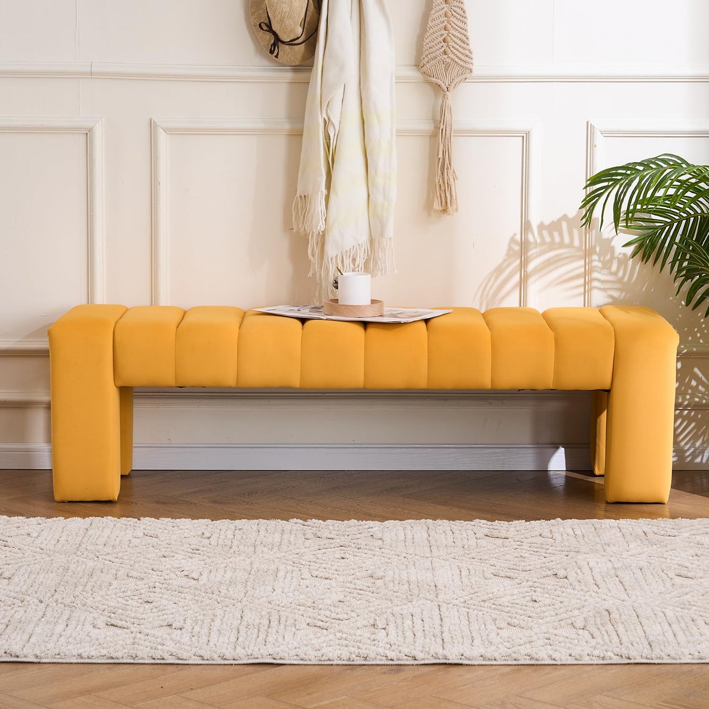 AIITTCC Velvet End of Bed Bench Upholstered Modern 59" Bedroom Bench for King Bed Bench Tufted Window Bench Comfy Long Ottoman for Living Room/Entry/Indoor (Mustard Yellow, 59" Wide)