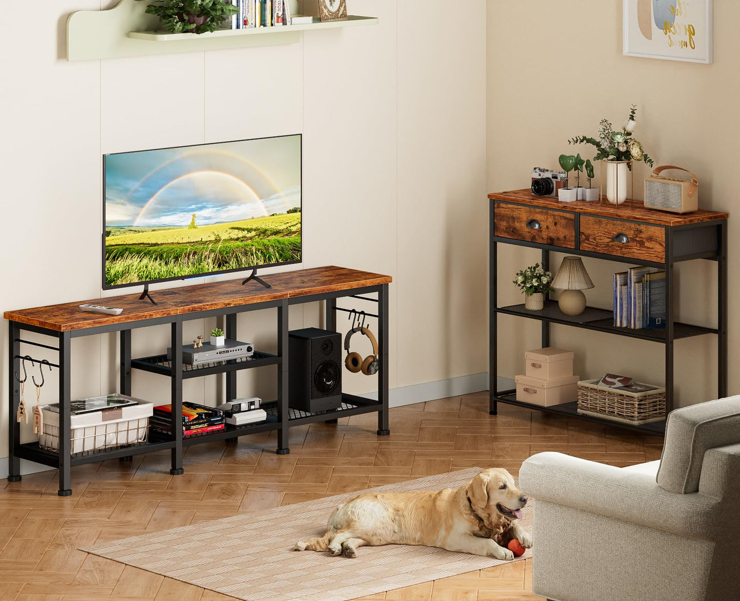 Furologee TV Stand for TVs up to 55 Inch, Entertainment Center with Open Storage Shelves, TV Media Console Table with Soundbar Shelf for Living Room, Bedroom, Rustic Brown