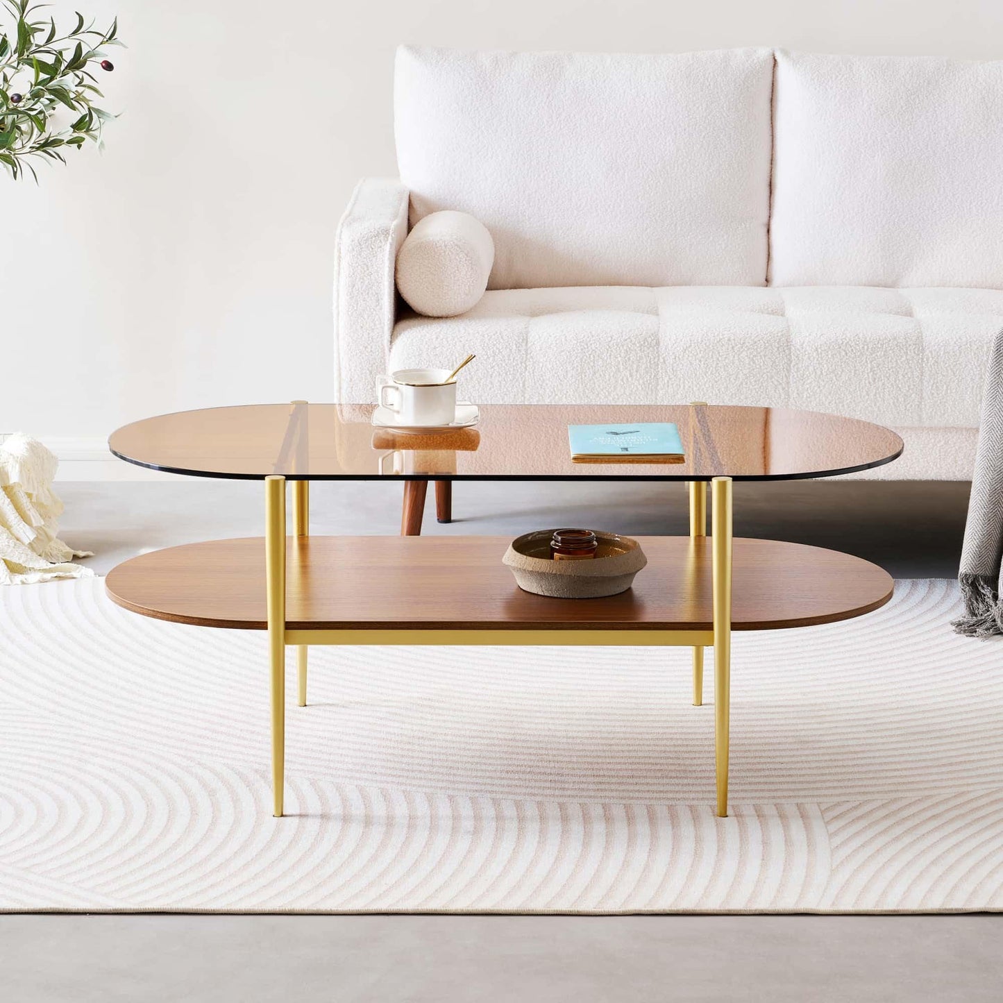 LumFurn Oval Glass Coffee Table, Mid-Century Modern Design, L41 x W21 x H17 inch, for Living Room, 2-Tier Structure, Amber Glass Top and Walnut Finish Wood Shelf, Conical Legs with Gold Finish Frame