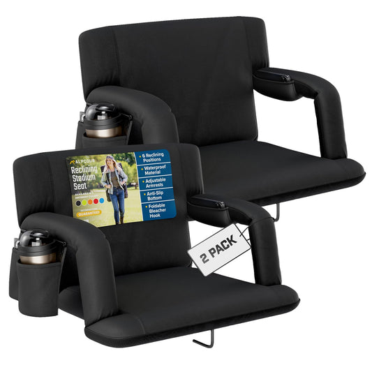 Alpcour Reclining Stadium Seat – Wide Bleacher Chair with Back Support and Cushion, Armrests, Side Pockets, and Bleachers Hook – Best Stadium Seats Chairs for Camping, Kayak, & Paddle Board Backs