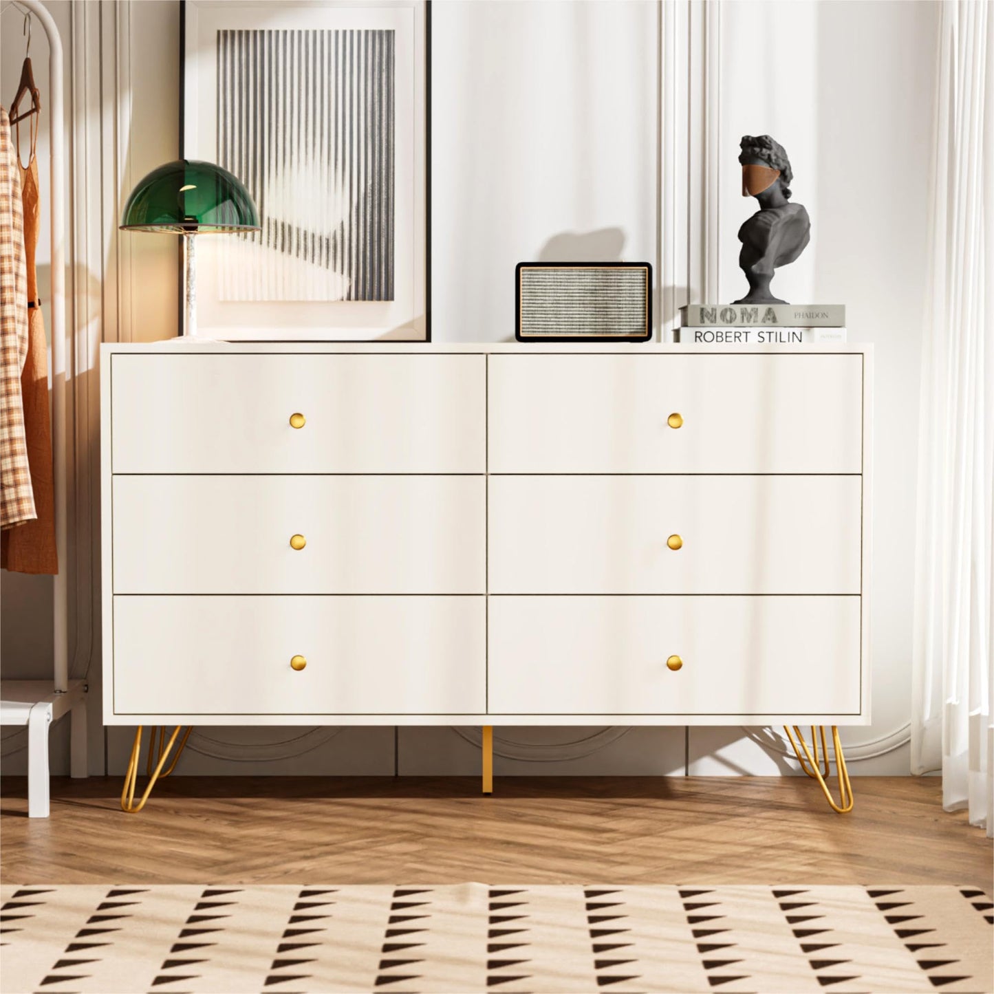 Tradare White Dresser for Bedroom, 6 Drawer Dresser with Golden Handles, Large Storage Cabinet, Modern Chest of Drawers Organizer Storage for Hallyway, Entryway