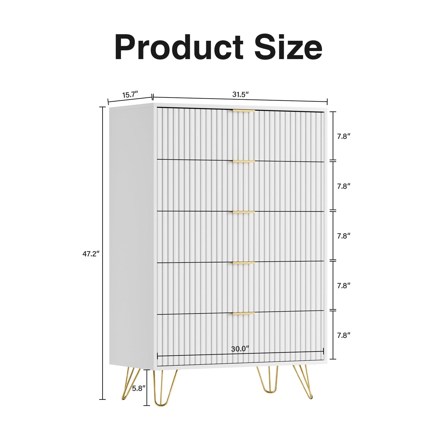 Furniway White Dresser for Bedroom, Fluted Modern Dresser with Gold Pulls and 5 Drawers, 15.7" D x 31.5" W x 47.2" H