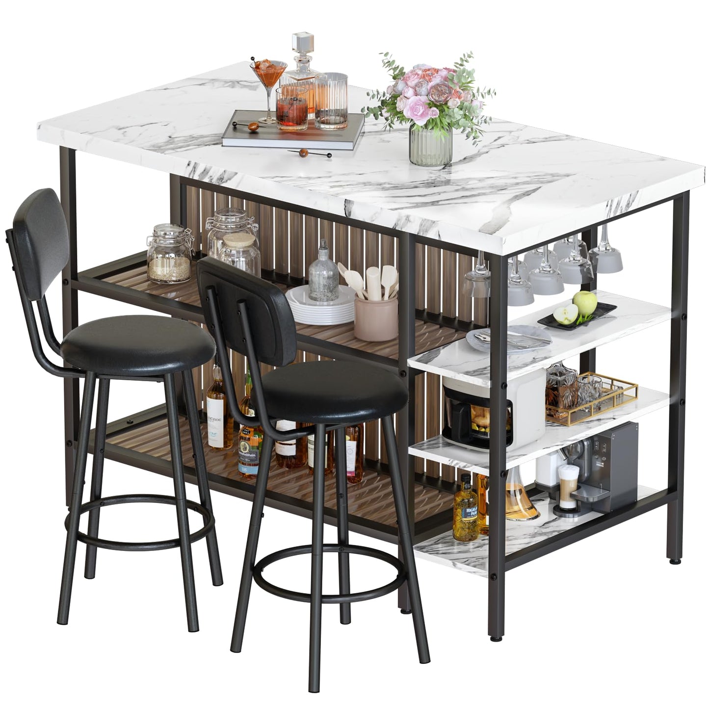 Recaceik Kitchen Island with Storage Small Dining Table for 2, Bistro Table and Chairs Set of 2 W/ 5 Shelves with PU Stools (White)