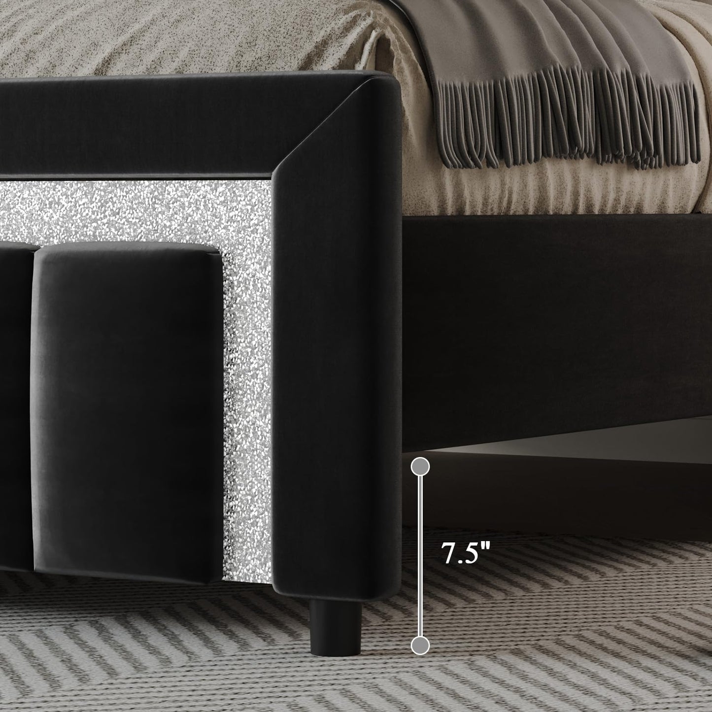 HOMBCK Full Size Bed Frame with Headboard, Velvet Upholstered Bed with Diamond Design, Full Bed with Wooden Slats Support, Mattress Foundation, No Box Spring Needed, Easy Assembly, Black