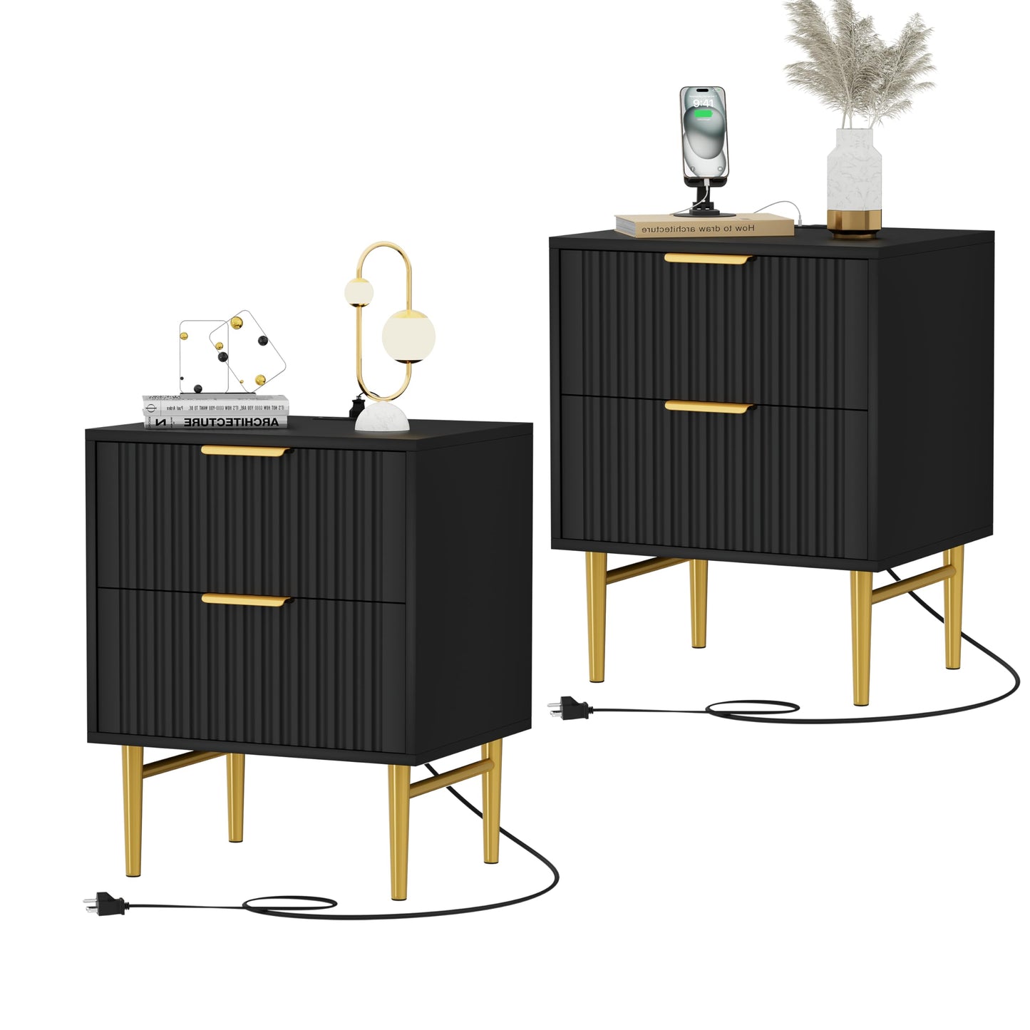 Nightstand with Charging Station, Side Table with 2 Drawers, Fluted End Table with Gold Metal Legs & Handle, Bedside Table with Wide Tabletop, Night Stand with Fluted Panel for Bedroom (2, Black)