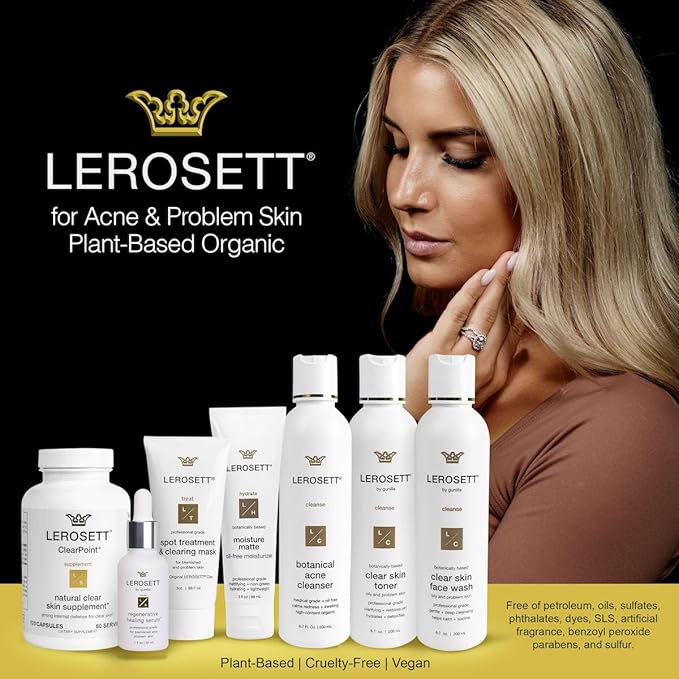 LEROSETT® Clear Skin Face Wash – Gentle Gel Cleanser with 60% Aloe-Rich Botanicals, 4% Glycolic Acid & Vit-E Microbeads – Fights Breakouts, Unclogs Pores, Balances Oil – Spa-Grade, Vegan – 4oz