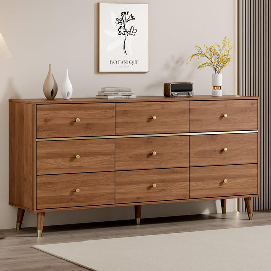 Chrangmay 9 Drawer Dresser,63" Wide Mid Century Modern Chest of Drawers,Wooden Bedroom Drawer Dresser with 9 Storage Drawers for Bedroom, Living Room,with Anti-Tipping Device,Umber
