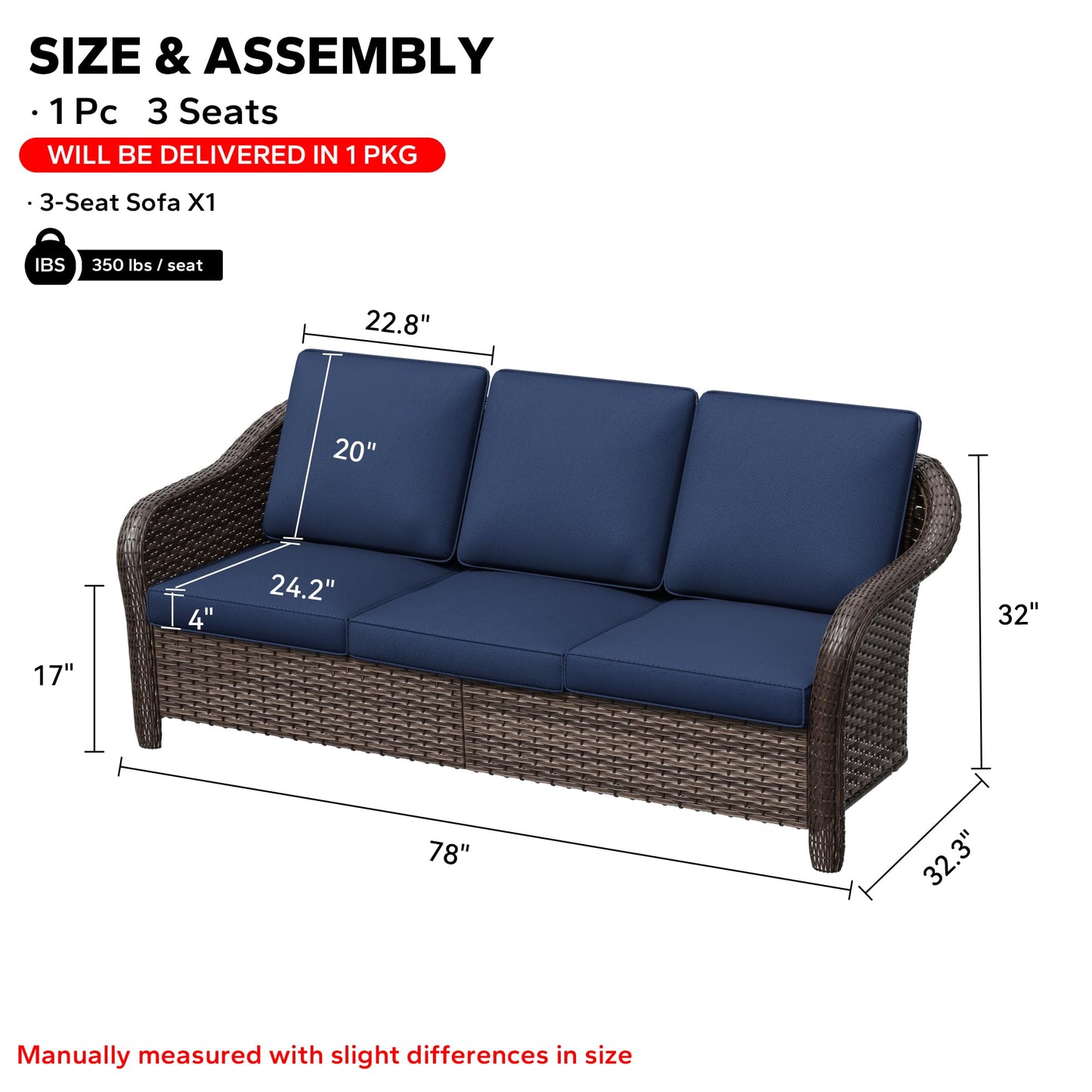MeetLeisure 78" Wicker 3-seat Sofa, Outdoor Conversation Furniture, All-Weather Rattan Couch, Steel Frame Couch with Cushions for Garden, Poolside, Porch (Navy Blue)