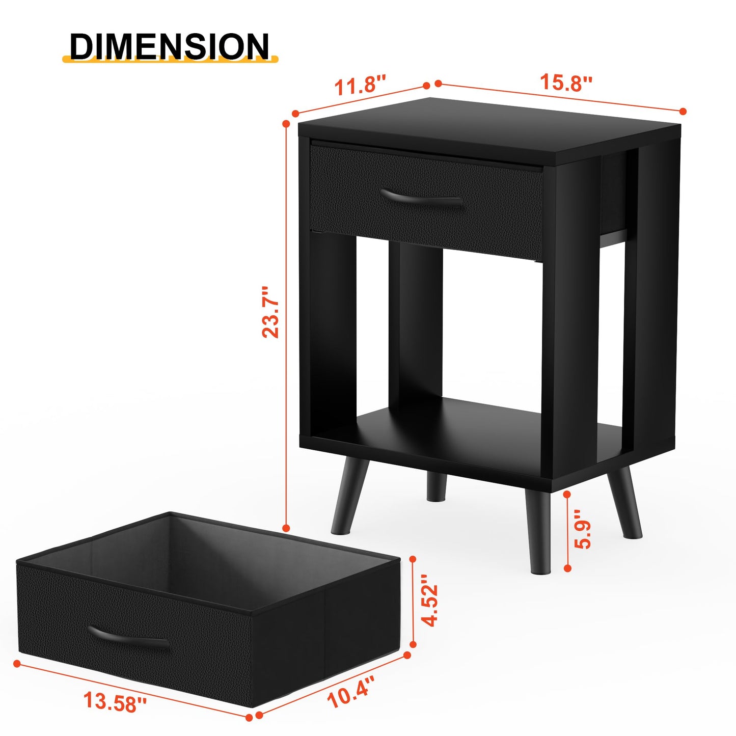 GYIIYUO Nightstands Set of 2 with Fabric Storage Drawer and Open Wood Shelf, Side Table with Storage for Bedroom, Night Stand with Drawer for Bedroom, Bedside Tables - Black 24" H