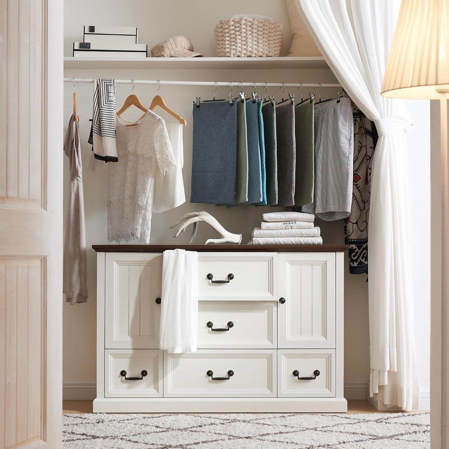 IFGET Farmhouse 5 Drawers Dresser for Bedroom, Wood Rustic Storage Organizer Closet Chest, Chest of Drawers w/Groove Barn Door&Shelf for Closet, Living Room, Dining Room, Hallway-White