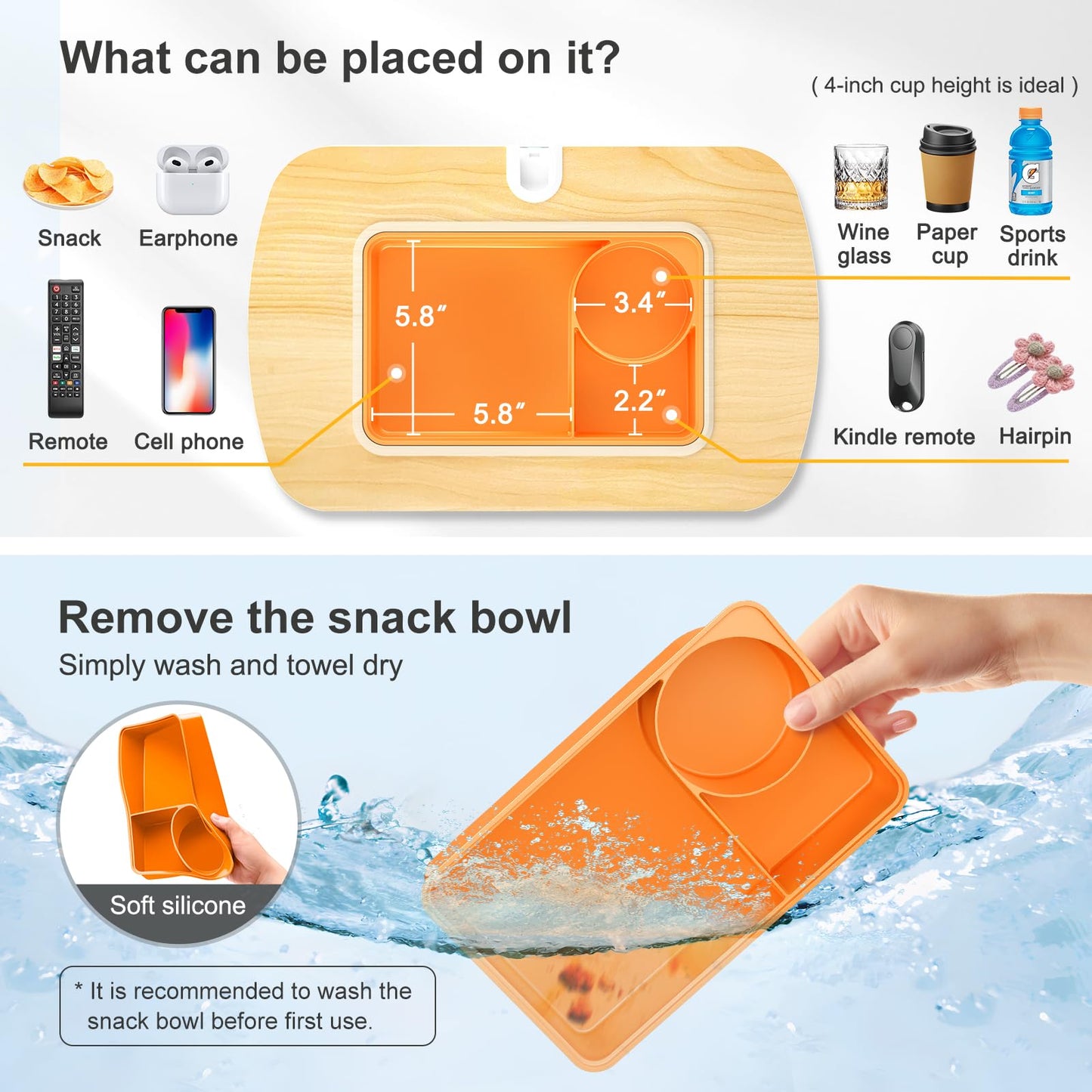 ERGONOV Lap Beanbag Tablet Pillow Stand with Snack Bowl and 360° Rotating Arm, Adjustable iPad Holder for Bed, Couch, and Recliner, Compatible with 4.7"-13" Kindle, iPad, Tablet, Phone,Orange