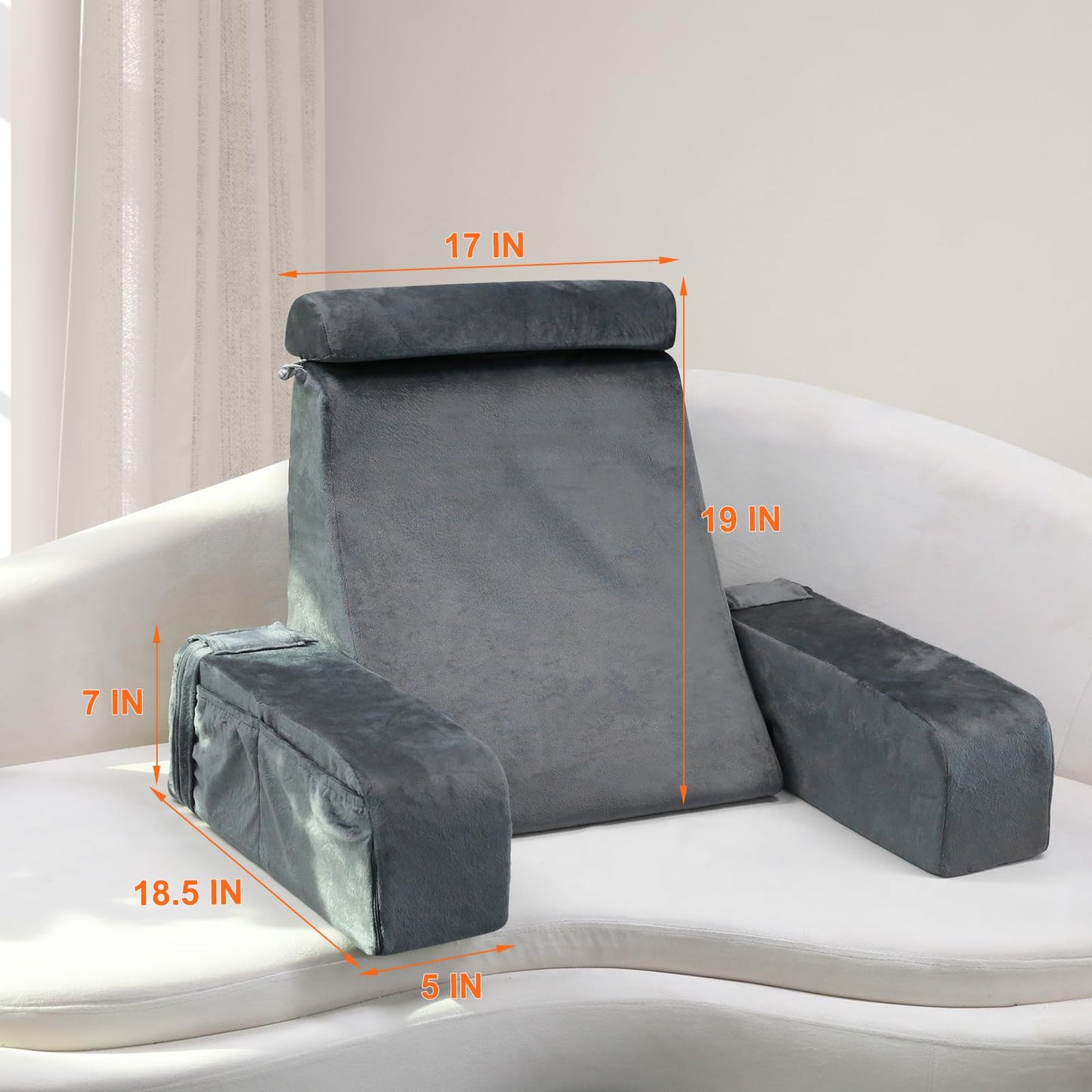 Reading Pillow for Sitting in Bed - Back Pillow for Sitting Up - Back Support Pillow with Detachable Neck Roll & Arms - Full Support - Reading & Bed Rest Pillows for Watching TV/Reading/Gaming