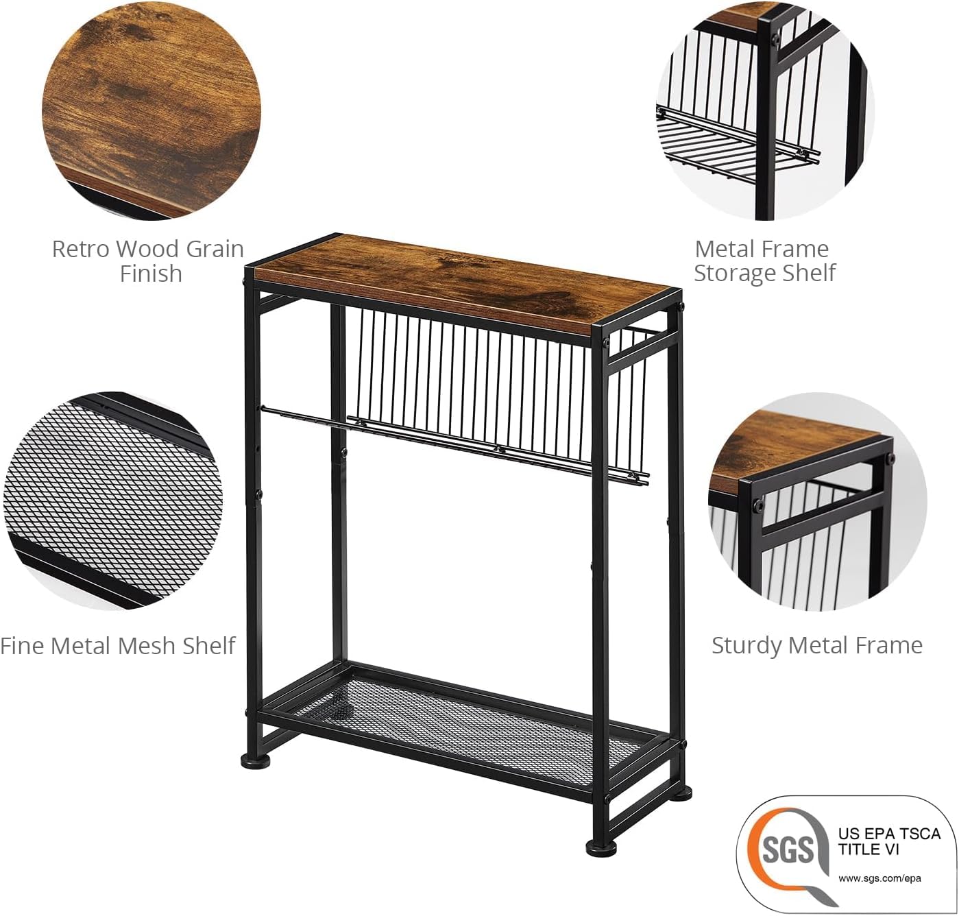 Small Side Table for Small Spaces - Slim End Table with Magazine Holder - 2 in 1 Design Narrow End Table Living Room - Skinny Bedside Table Nightstand Bedroom Thin Side Table, Rustic Brown