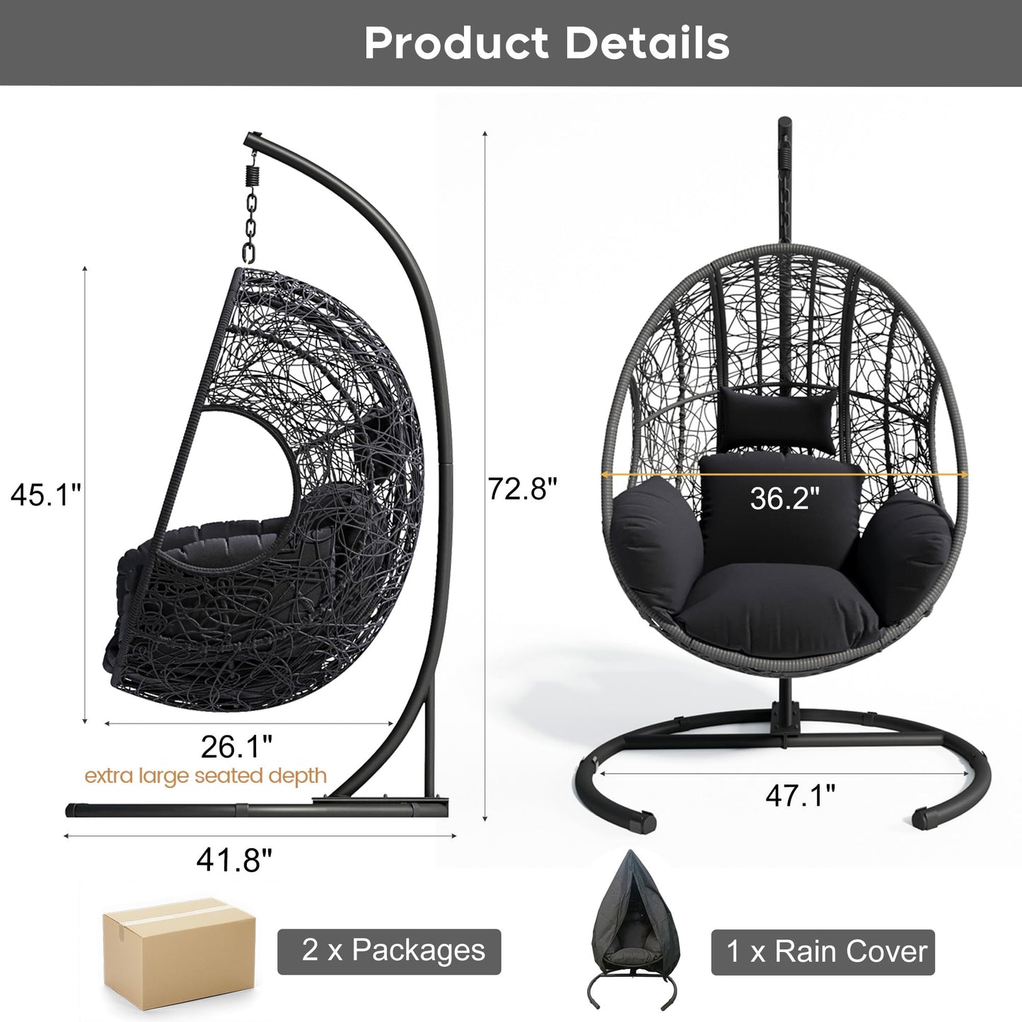 Terravoy Hanging Egg Chair with Stand, Outdoor Swing Egg Chair with Rain Cover, 400 LBS Capacity All-Weather PE Wicker Swing Chair with Waterproof Cushions (Grey, Nest)