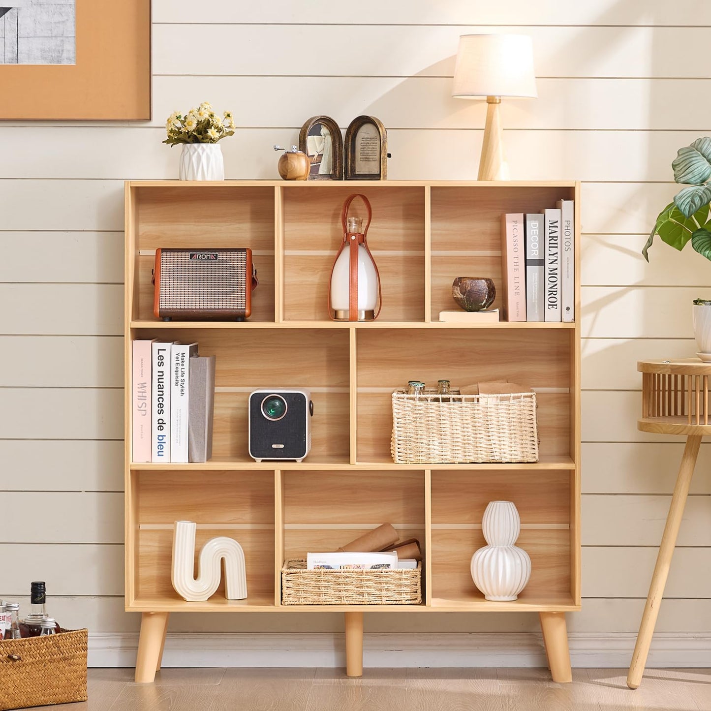 LEYAOYAO Wooden 8 Cube Book Shelf, Natural 3 Tier Bookshelf with Legs, Modern Open Storage Organizer,Boho Bookcase,Display Cabinet Shelf Free Standing Bookshelves for Bedroom,Living Room,Office
