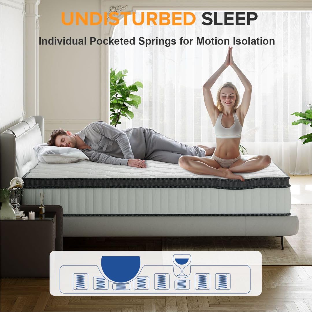 TXO Full Size Mattress, 10 Inch Medium Firm Hybrid Mattress with Pocketed Spring and Bamboo Charcoal Gel Memory Foam, Anti-Pilling Cover, Motion Isolation, Cool and Dry Sleep, Full Mattress in a Box