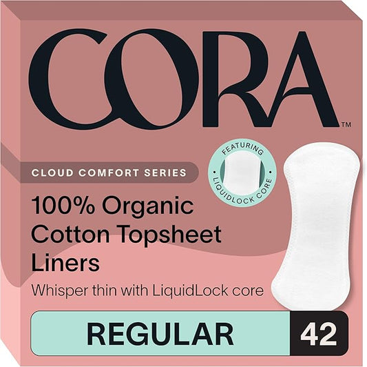 Cora Period Regular Liners | 100% Organic Cotton Topsheet | Ultra Thin, Quick Absorbency | Hypoallergenic | Dermatologically Tested | Unscented, No Wings (42 Liners)