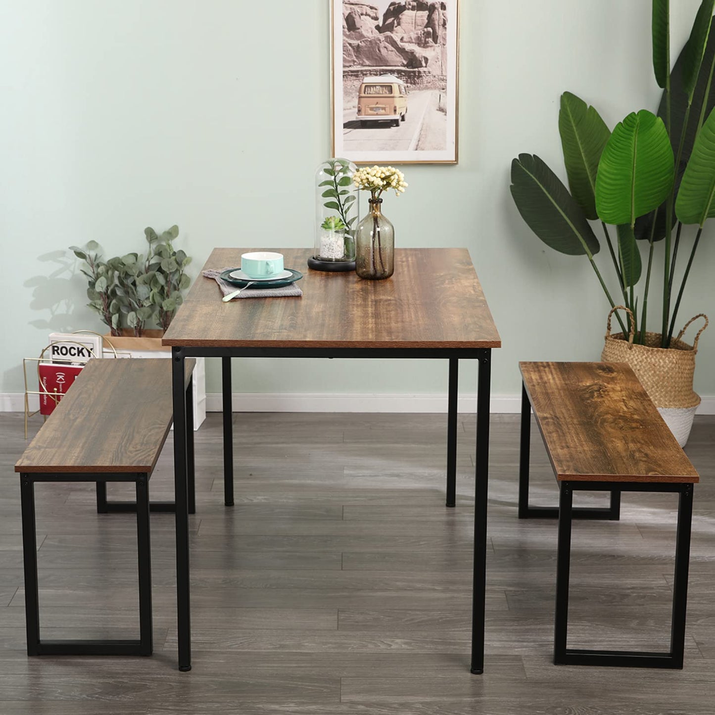 soges 3 PCS Dining Table Set for 4 with 2 Benches, Soho Dining Table and Chairs Set, Industrial Kitchen Table and Chairs Kitchen Breakfast Table Set, Dining Set with Metal Frame, Brown