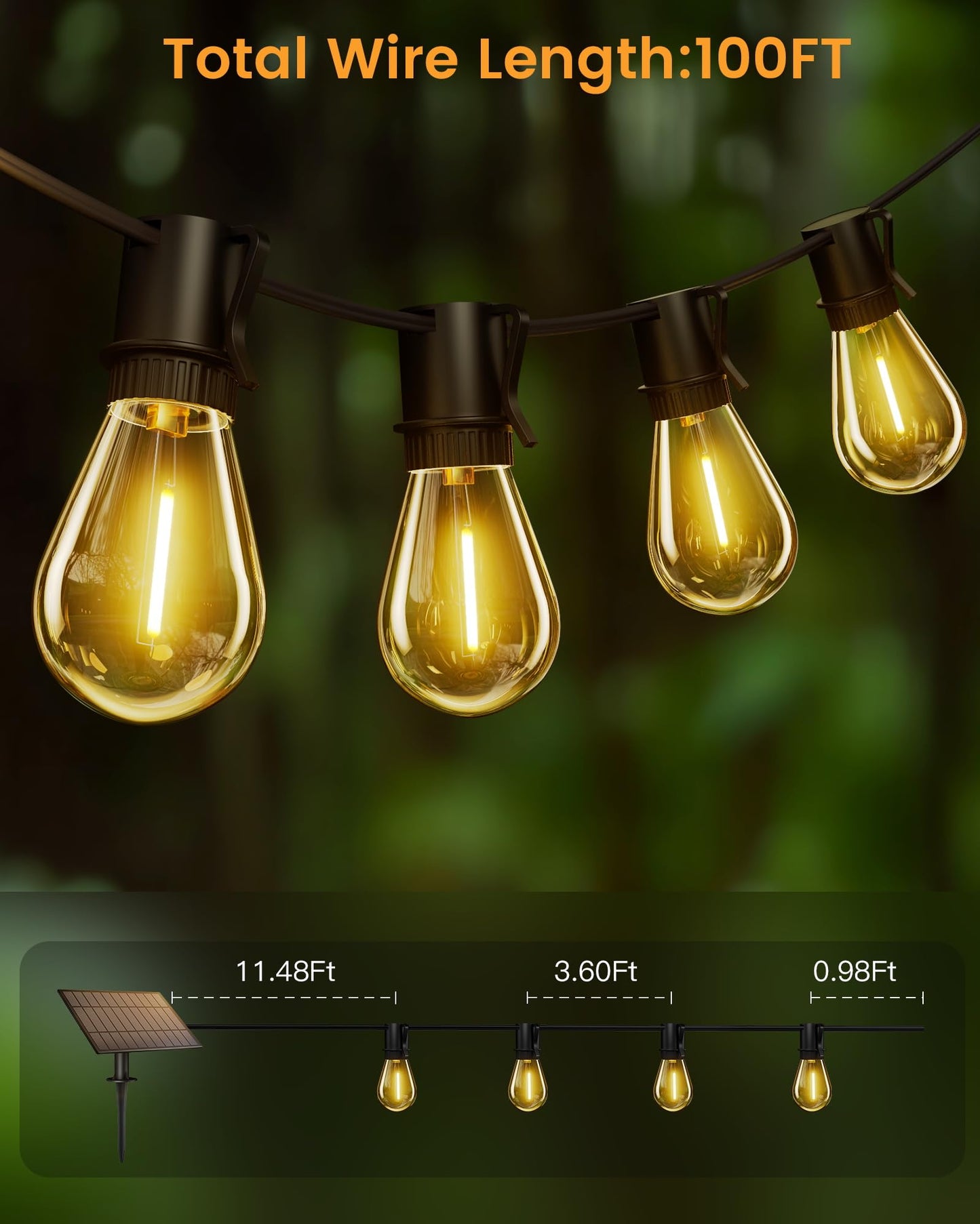 Torkase 100FT LED Outdoor String Lights with 25+2 S14 Shatterproof Bulbs, Commercial Grade Waterproof Patio Lights for Cafe Backyard Deck
