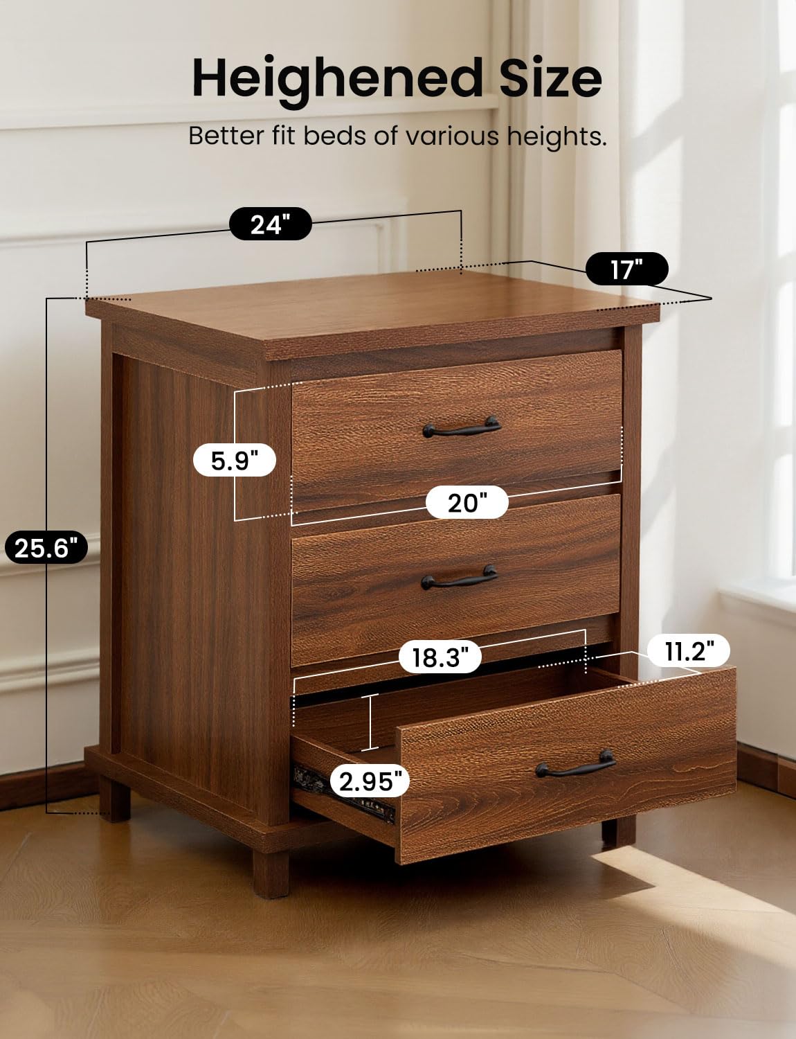Miscoos Night Stand Set 2, Wooden End Table, Rustic Night Stands for Bedrooms Set of 2, Tall Bedside Table with Drawers for Bedroom, Home Office