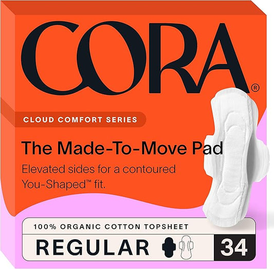 Cora Made-to-Move Regular Pads with Wings, Organic Cotton Topsheet Ultra Thin Feminine Care Pads for Women, Soft, Comfortable & Breathable Menstrual Pad, Regular Absorbency, Unscented, 34 Count