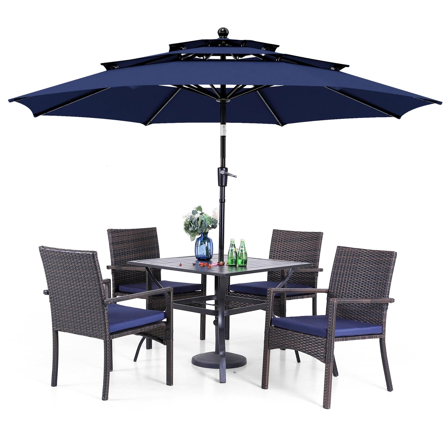 PHI VILLA 5 Piece Outdoor Dining Set with Umbrella, 37" Square Metal Dining Table & Cushioned Rattan Chairs with 10ft Blue Umbrella for Patio, Deck, Yard, Porch