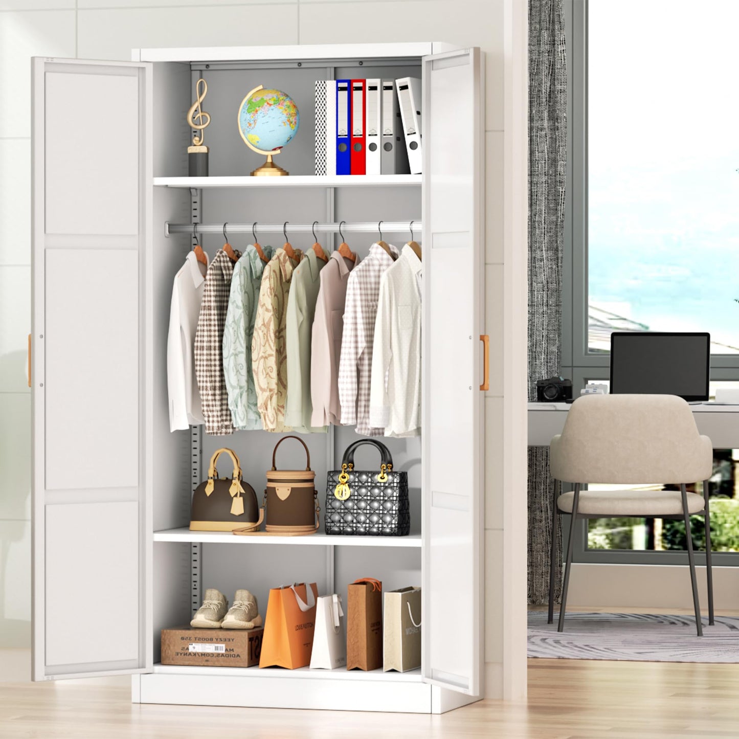 Greenvelly Metal Wardrobe Cabinet with Wooden Handle, 72" Metal Wardrobe Closet with Hanging Rods and Adjustable Shelves, Clothing Storage Closet Cabinet for Home, Office, Employee, Gym (White)
