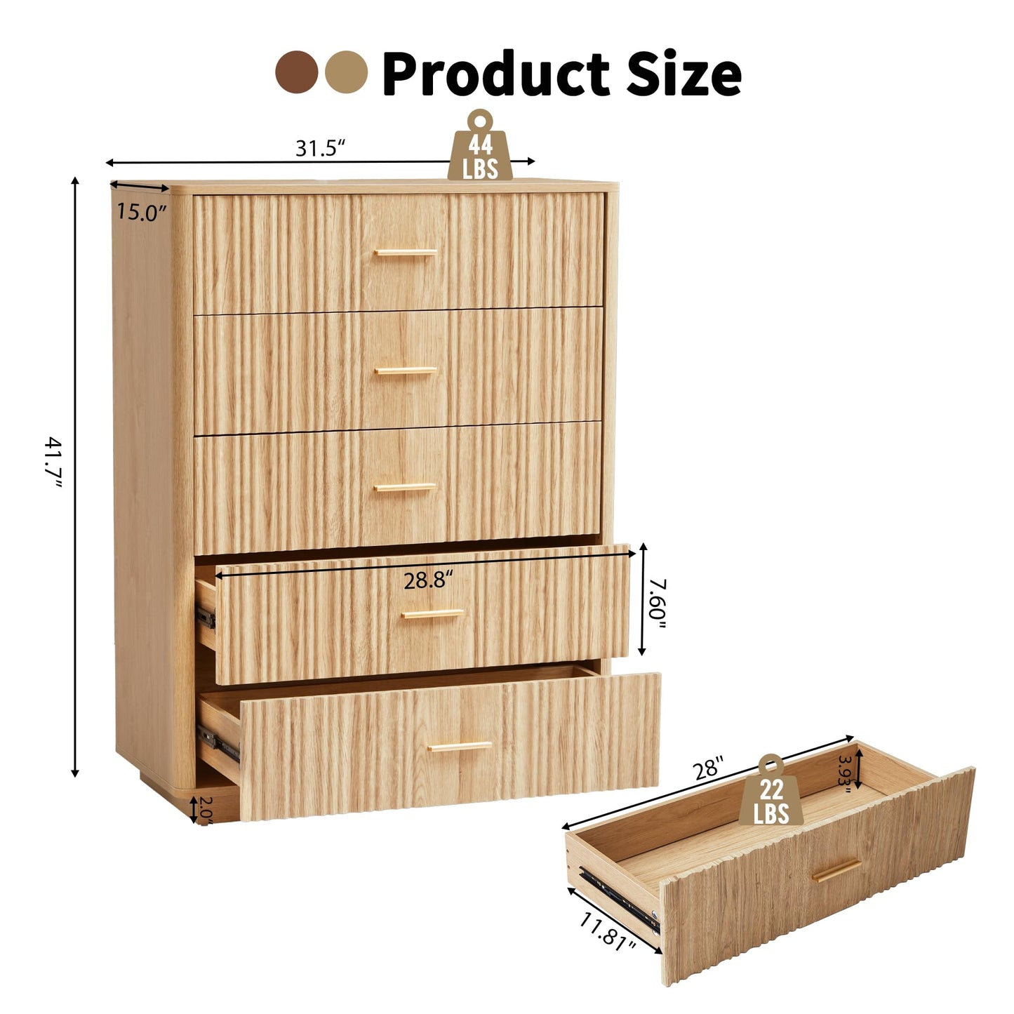 Fluted 5 Drawers Dresser for Bedroom, Wooden Tall Storage Dresser, Modern Chest of Drawers with Metal Handle, Curved Profile Wood Closet Clothes Storage Organizer for Living Room, Hallway, Natural