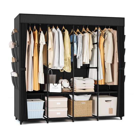 BrFoYu Portable Closet for Hanging Clothes, 67 Inch Wide Portable Wardrobe Closet with Cover, 4 Hanging Rod, Storage Shelves and Side Pockets, Large Free Standing Closet for Bedroom, Black